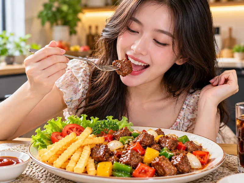 Bò lúc lắc ăn cùng khoai tây chiên, cơm trắng hoặc rau xanh đều hấp dẫn.