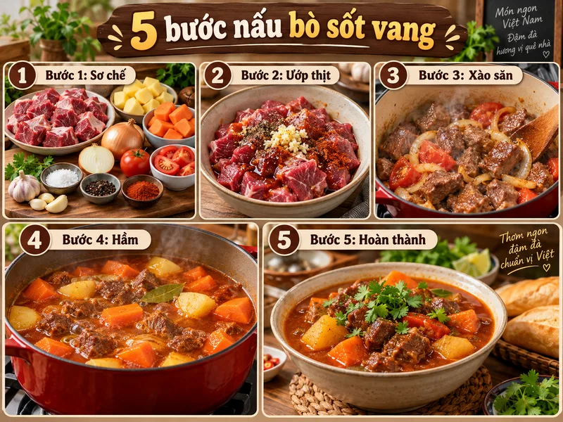 Thực hiện cách nấu bò sốt vang theo các bước để thịt mềm đậm vị.