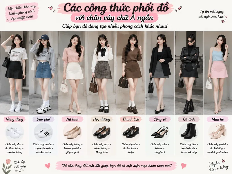 Các công thức phối chân váy chữ A ngắn giúp bạn dễ dàng tạo nhiều phong cách khác nhau.