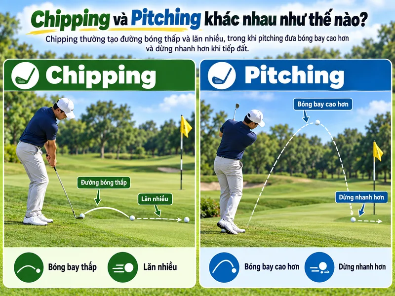 Chipping thường tạo đường bóng thấp và lăn nhiều, trong khi pitching đưa bóng bay cao hơn và dừng nhanh hơn khi tiếp đất.