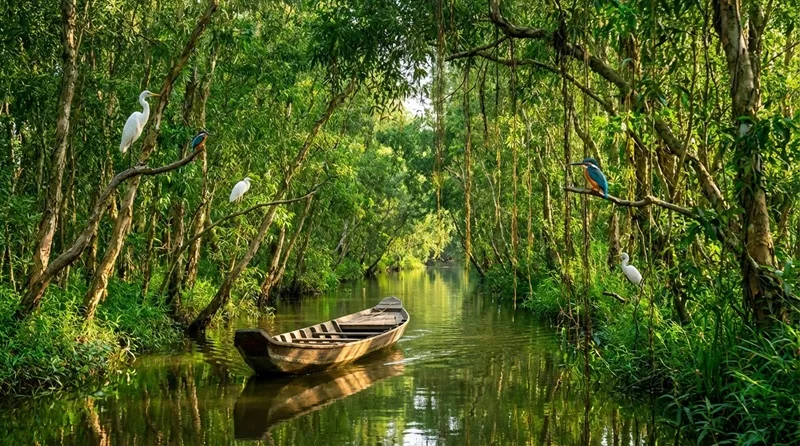 Trải nghiệm đi xuồng ba lá khám phá khu di tích sinh thái Xẻo Quýt lịch sử.