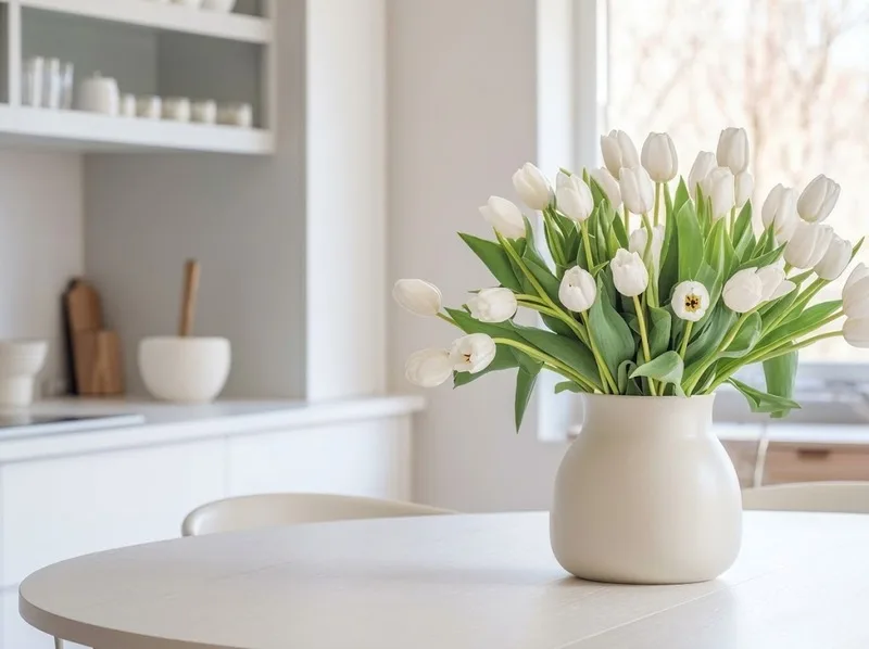 Bình tulip trắng tạo cảm giác cân bằng, hài hòa trong không gian sống