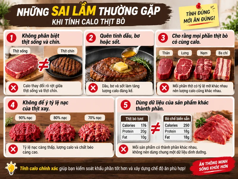 Cần phân biệt thịt sống, thịt chín và các nguyên liệu thêm vào khi tính calo.